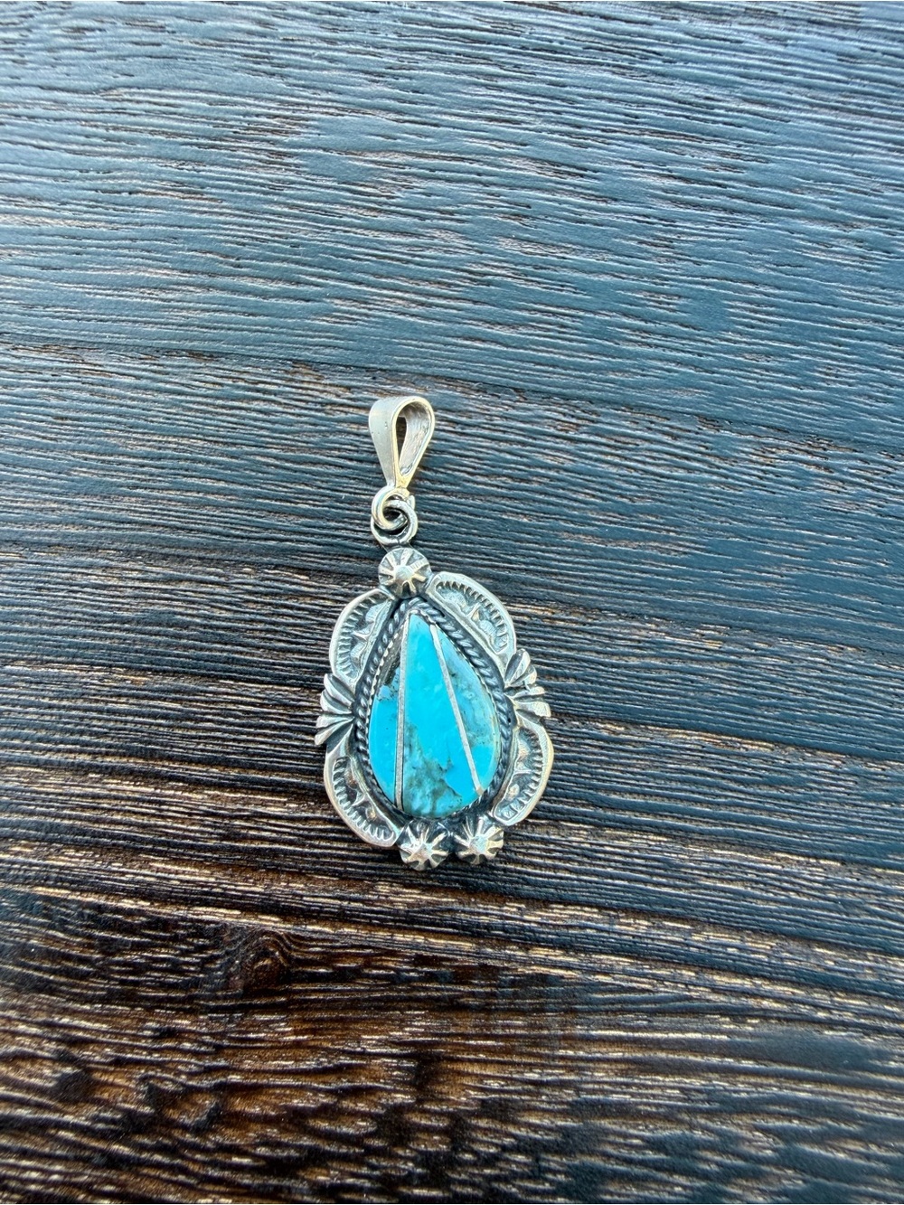 Sterling Silver Teardrop Turquoise Inlay Pendant - signed by artist - Picture 3 of 6